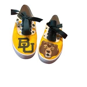 Baylor Bears Hand Painted Sz 6 Shoes Womens BU Sic 'em Yellow Green Flats EUC